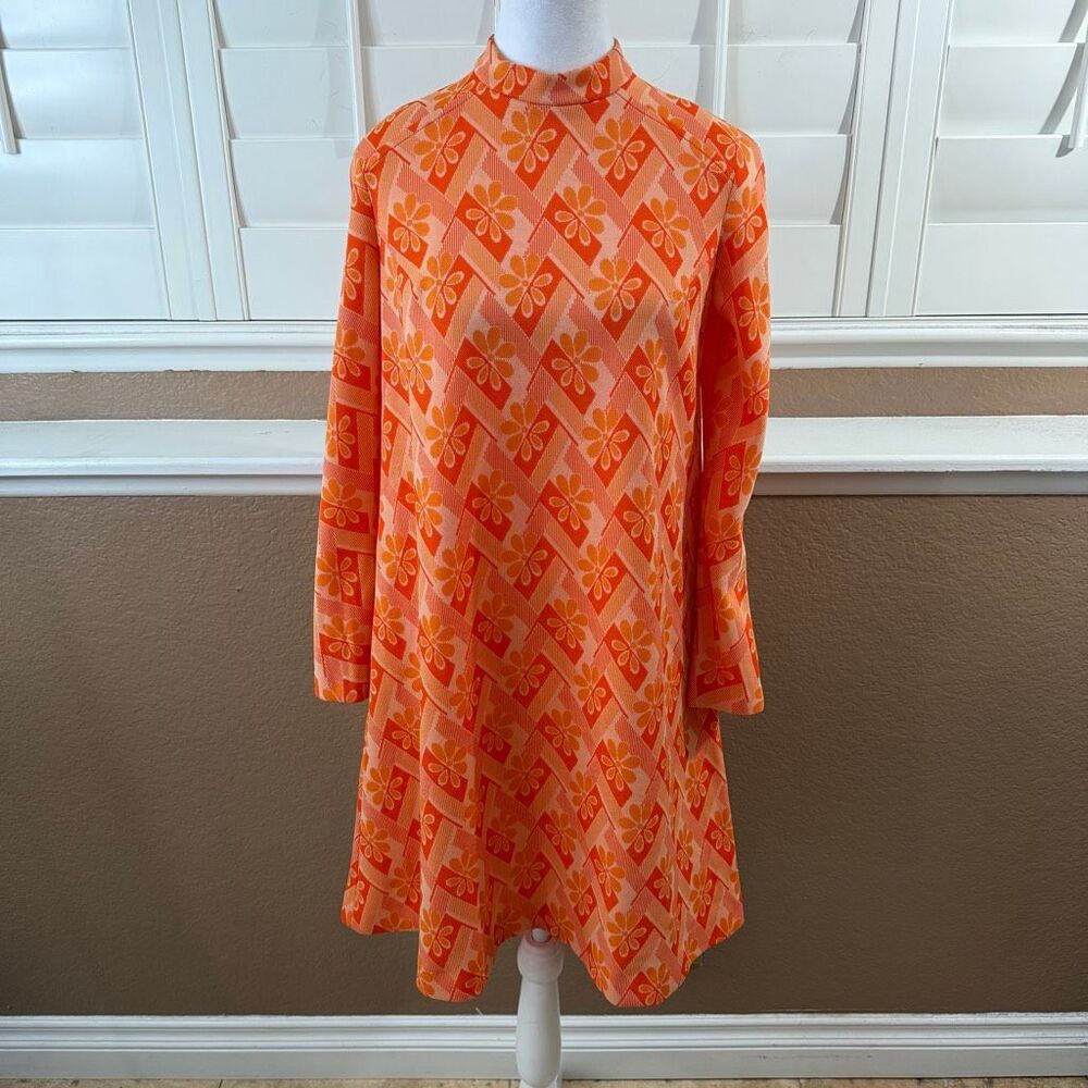 Vintage 70s Mod Psychedelic Go Go A Line Dress Orange White Floral Print Sz S